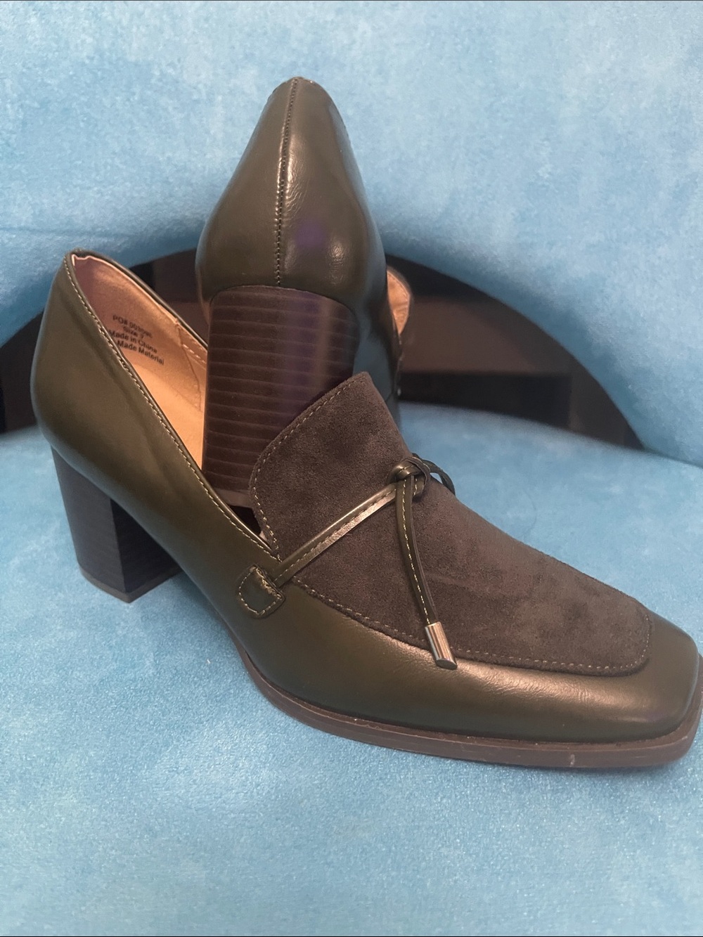 Olive Green Block Heel Loafers with Suede Vamp
